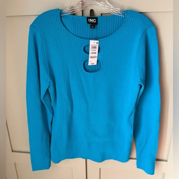 NWT INC International Concepts by Macy's Blue Ribbed Top w buckle detail SZ L - Picture 1 of 8